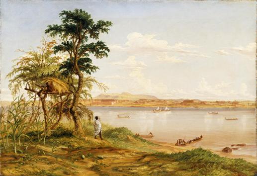 Town of Tete from the north shore of the Zambezi, by T Baines, April 1859, oil, © Royal Geographical Society, Baines 30